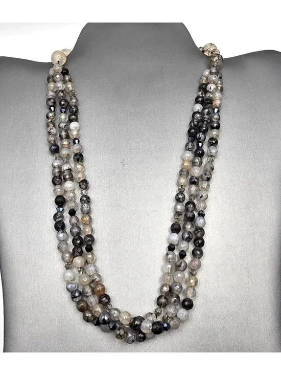 Multi-Strand Dragon Vein Agate Beaded Necklace 16" 925 Silver Clasp Undyed - Picture 2 of 13